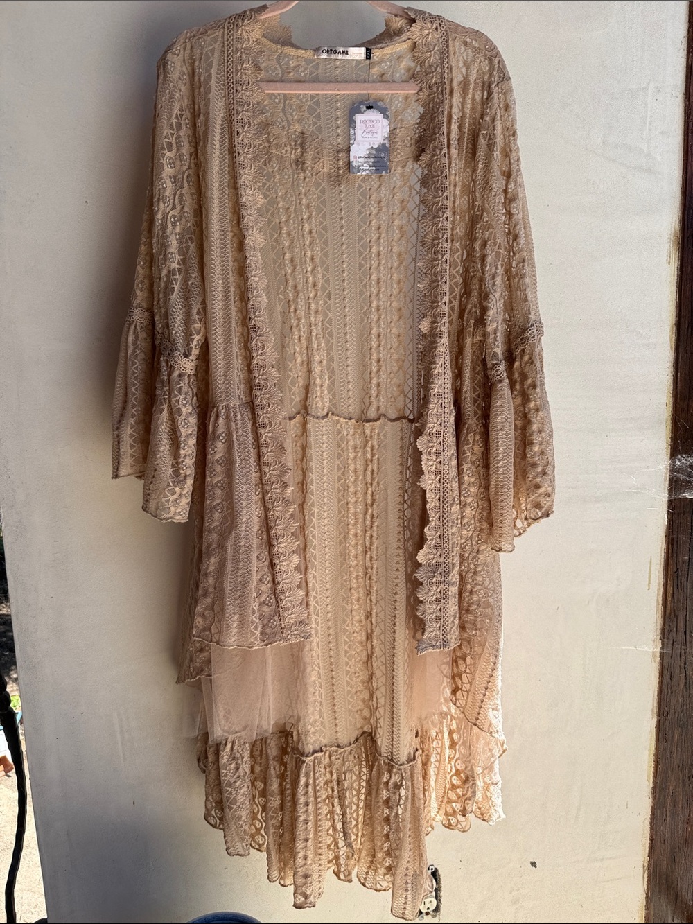 NWT Origami kimono Lace cardigan beige nude waterfall Front- layered‎ tiers XXL - Picture 8 of 16